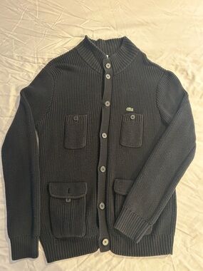 Lacoste Black Ribbed Button-Up Cardigan with Green Crocodile Patch